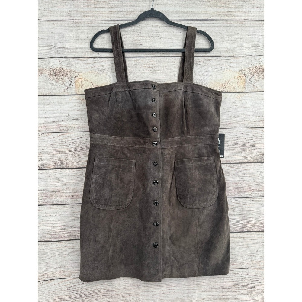 Express Suede Mini Dress Womens Large Brown Button Front Pinafore NEW